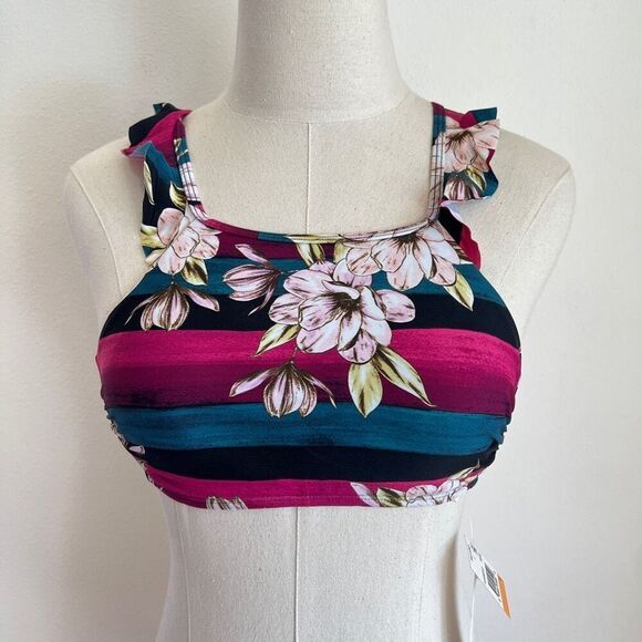 Hula Honey Floral Ruffled High Neck Bikini Swim Top Pink Size Small NWT - Picture 2 of 13